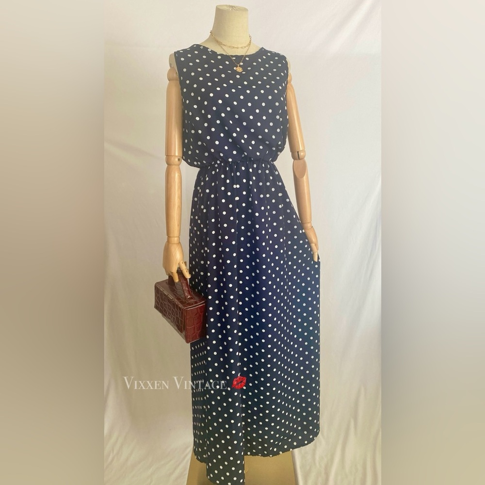 VINTAGE 1980'S ‘PRETTY WOMAN’ SLEEVELESS HIGH NECK POLKA DOT MAXI DRESS - Picture 3 of 6